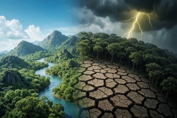 Naklejka premium Split view shows vibrant green landscape with river and mountains on one side contrasted by cracked dry earth and stormy skies with lightning on other. Nature duality.