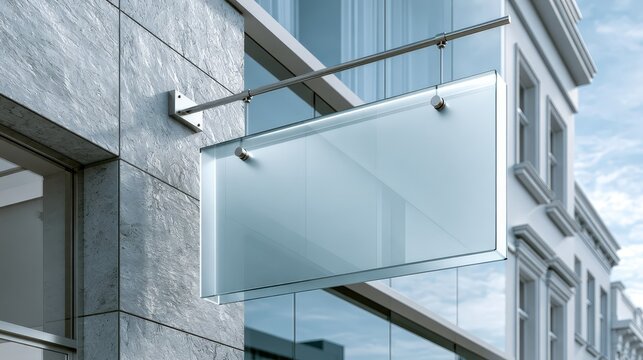 Empty frosted glass signboard mounted on a modern stone building facade for corporate branding and business logo display