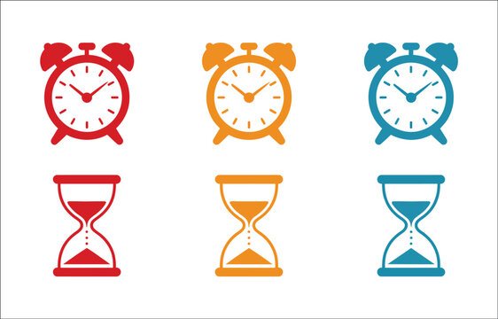 Time management and stopwatch vector icon collection featuring clocks, hourglasses, timer countdowns, scheduling, time tracking and editable stroke outline symbols.