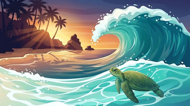 Sea turtle swimming near tropical beach wave vector art.
