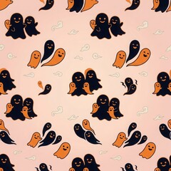 Fototapeta premium Minimalist cartoon ghost character pattern in black and orange for playful halloween party supplies and wrapping papers.