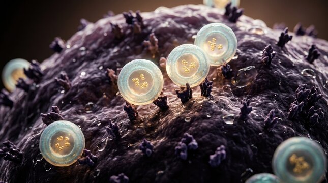 Lipid nanoparticle docking onto cancer cell receptor proteins, targeted drug delivery liposome binding, demonstrating precision oncology therapy, membrane interaction.