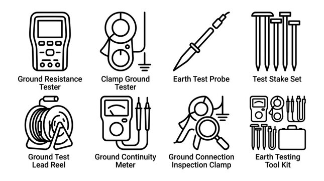 Electrical grounding testing equipment vector icons set featuring resistance meters probes stakes reels and connection clamps for industrial safety inspection