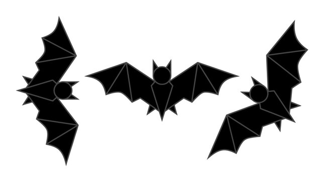 Geometric Silhouette Set of Spooky Flying Bats Featuring Sharp Wing Angles and Minimalist Animal Shapes for Halloween Graphic Design Projects