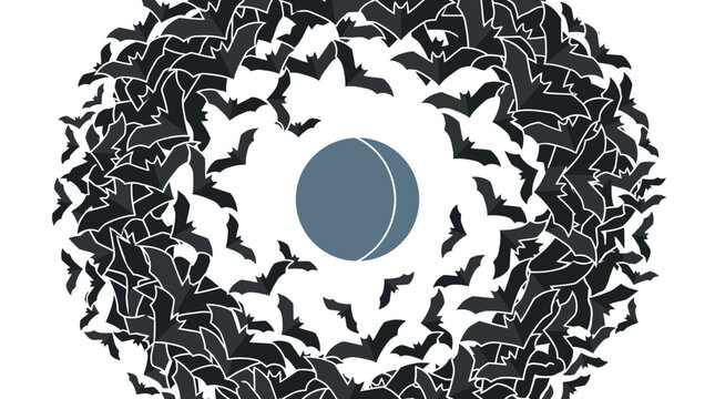 Intricate Circular Composition Featuring a Dense Swarm of Flying Bats Surrounding a Minimalist Crescent Moon Shape Graphic Design Concept