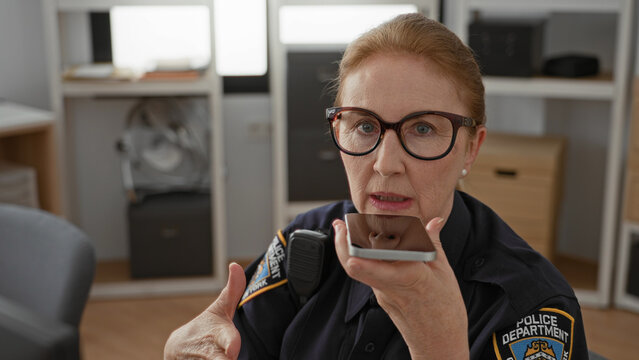 Woman police officer holds smartphone to mouth while speaking, gestures with hand and shows badge on sleeve in office building; duty concern communication.
