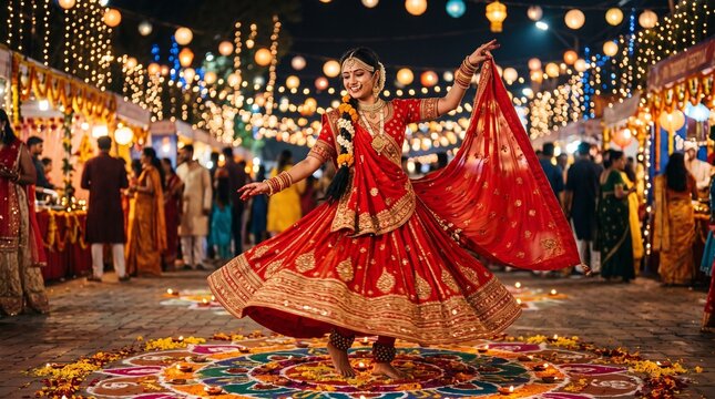 Vibrant Indian Festival Celebration with Woman Dancing in Traditional Red Attire