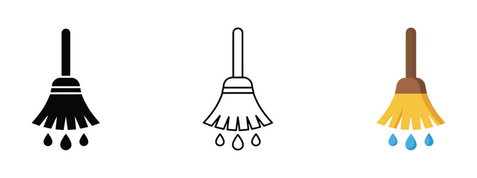 home cleaning icons with mop head and droplets, flat solid monochrome thin black outline, black white and full color styles, household hygiene, housekeeping tools, modern vector illustration