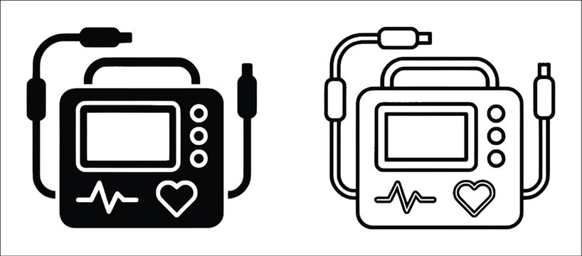 Automated external defibrillator icons featuring medical device, AED equipment, emergency response, cardiac rescue, and healthcare symbols in solid and outline styles, ideal for hospitals, clinics,