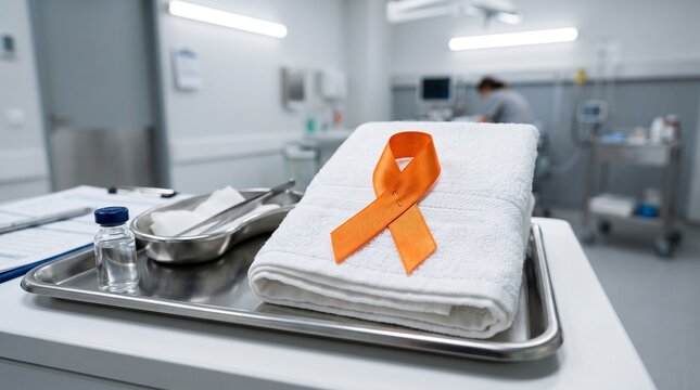 Orange awareness ribbon on white towel in hospital setting. Leukemia and kidney cancer symbol. Medical tray with surgical tools.
