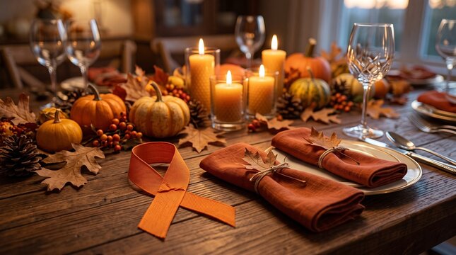 Autumn Thanksgiving table setting with orange ribbon, rustic pumpkins and candles, festive dinner decor for holiday celebration