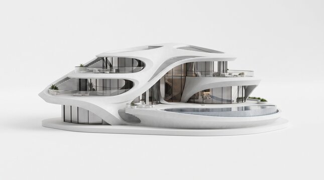 Futuristic modern villa model, organic curved architecture on white background, luxury minimalist house design with glass walls
