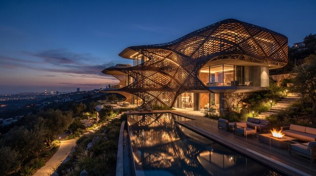 Futuristic organic villa with parametric architecture, luxury modern mansion at dusk, contemporary hillside home with pool