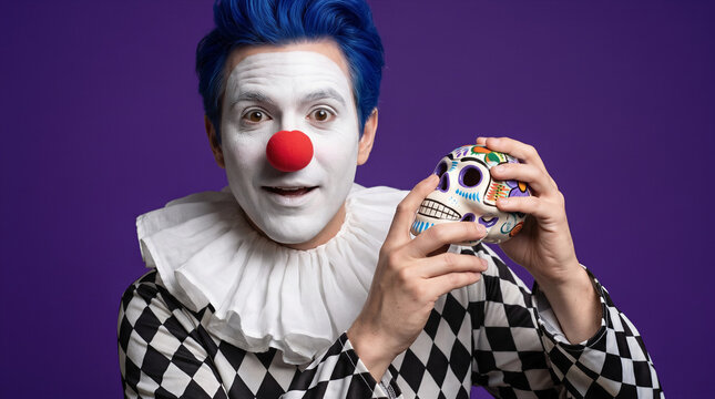 Clown holding decorated sugar skull against purple background. Halloween, performance, entertainment, circus, costume party.