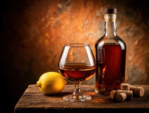 Amber cognac in snifter glass sits on rustic wood table with bottle and lemon. Brandy drink with corks on dark vintage background. Alcoholic beverage still life for bar or restaurant menu.