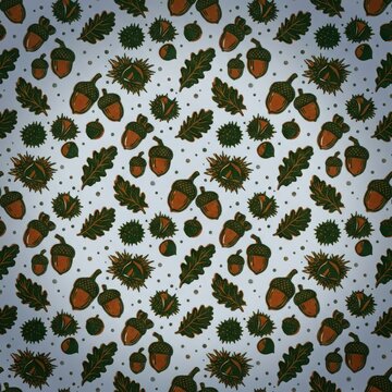 Autumn forest pattern featuring stylized acorns and chestnut burrs on textured grey background for seasonal paper crafts.