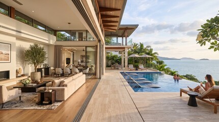 Fototapeta premium Modern luxury villa with infinity pool, contemporary open plan living room, tropical ocean view real estate, upscale vacation home