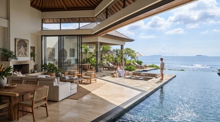 Fototapeta premium Luxury tropical villa with infinity pool, modern open-plan living room overlooking ocean, upscale resort architecture