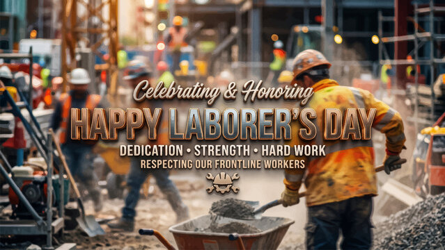 Happy Labor Day banner. Construction workers on site isolated on White Background. Illustrations