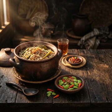 Rustic Nasi Liwet in Warm Golden Hour Lighting