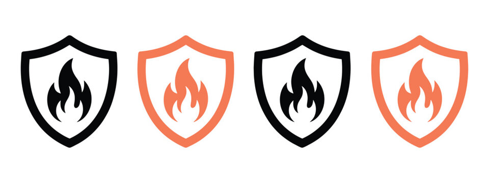 Fire shield icons for safety protection, security badges, flame prevention, and emergency concepts in orange, red, and black styles.