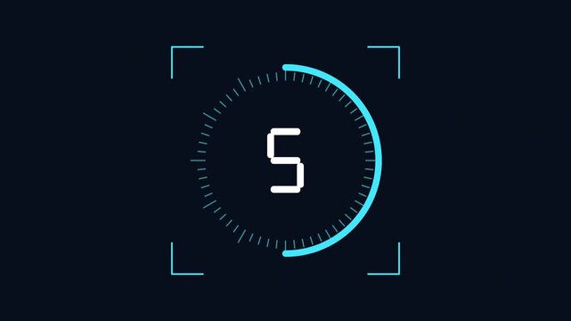 Futuristic HUD countdown 10 to 0 with cyan tick ring and corner brackets 4K