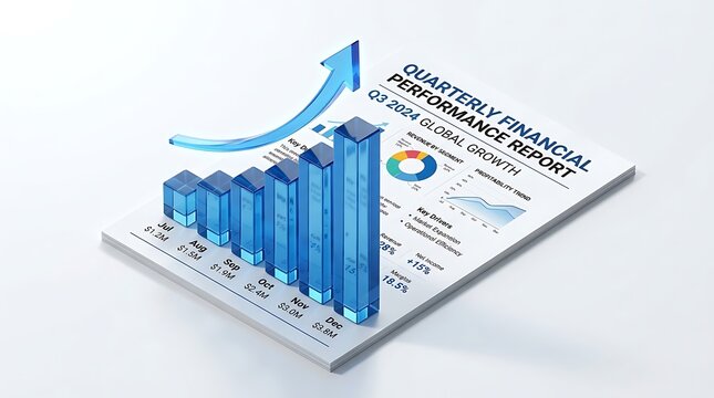 Financial Business Report Growth: Upward Trend with 3D Blue Bar Chart and Arrow