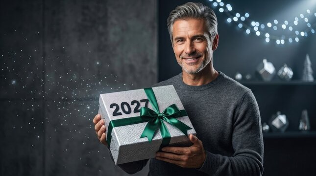 Grey hair gentleman: Happy New, Year holiday, 2027 gift, silver package, green ribbon, sparkle light, smile expression, cheerful mood, cozy home, festive decoration.