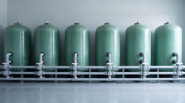 Sand filter vessels ranked in a pool filtration plant room