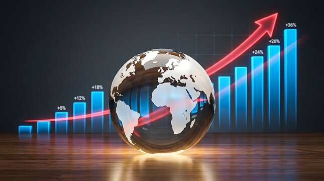 Global financial growth concept: transparent globe with rising bar chart and red arrow