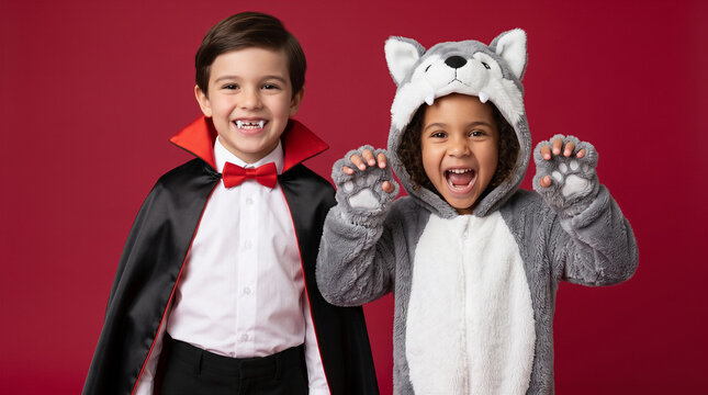 Two children dressed in Halloween costumes smiling at camera. Red background, vampire and wolf costume, playful expression.