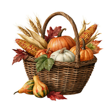 Autumn harvest basket pumpkin corn gourd leaf wicker seasonal decoration festive still life illustration