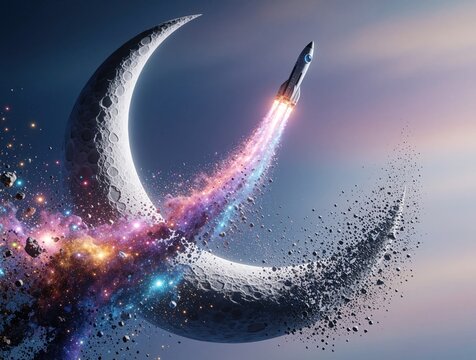 Futuristic rocket launches from crescent moon into deep space. Spaceship leaves colorful stardust trail across cosmic nebula. Fantasy digital art shows celestial explosion with glowing particles,
