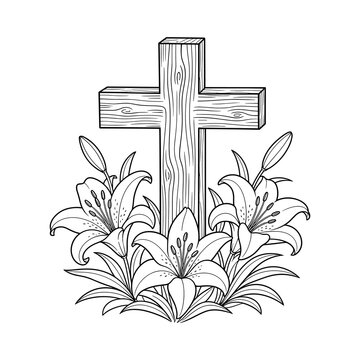 Wooden cross with lily flowers outline vector &mdash; elegant black sketch for Easter and Christian design use