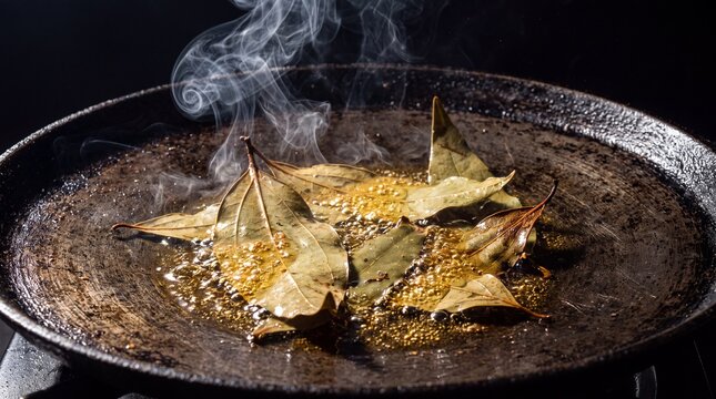 Whole dried bay leaves sizzling in hot oil dark iron karahi tarka macro action shot