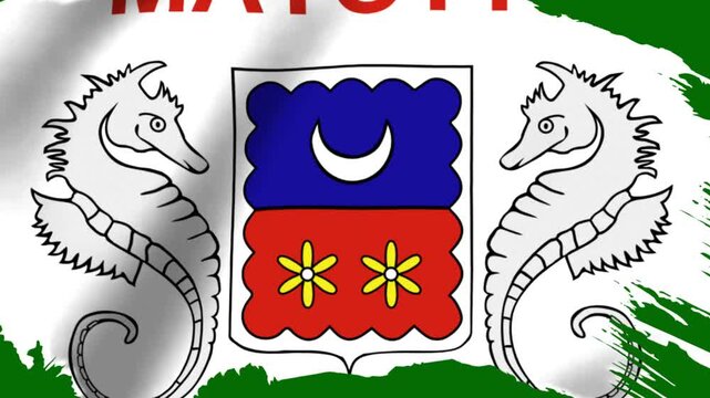 Heraldic emblem featuring a shield with a moon and flowers flanked by two seahorses on a white background