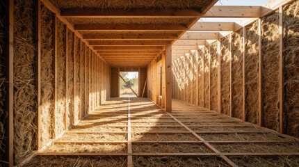 Naklejka premium Close up view of straw insulation in wooden frame house structure. Natural organic material fills wall, floor gaps for eco friendly building. Sustainable construction site uses renewable resources to