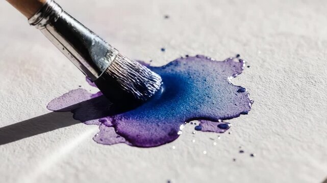 Artistic brush application: wet blend, violet pool, indigo drop, rough canvas, dark gradient, form style, create design, absorb moisture, paint splash, soft blur, dilute fluid.