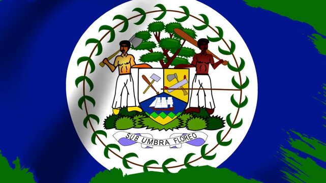 National flag of Belize featuring the official coat of arms with wavy fabric texture effect