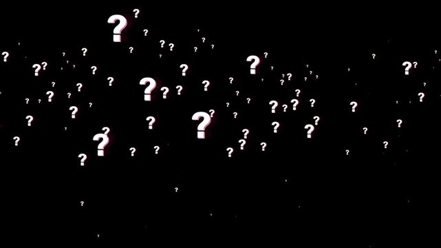 Question mark animation; a looped 4K video with a transparent black background and alpha channel. It features question marks floating in, conveying a sense of confusion or dizziness.