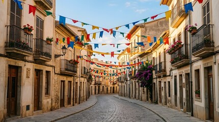 Naklejka premium Narrow European street decorated with colorful festive flags for a summer town celebration.