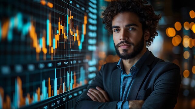 Close up portrait of a young businessman with arms crossed in front of financial market graphs