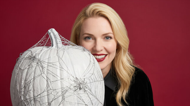 Woman smiling while holding white pumpkin decorated with silver spiderweb and spiders. Halloween, costume party, seasonal celebration, advertising.