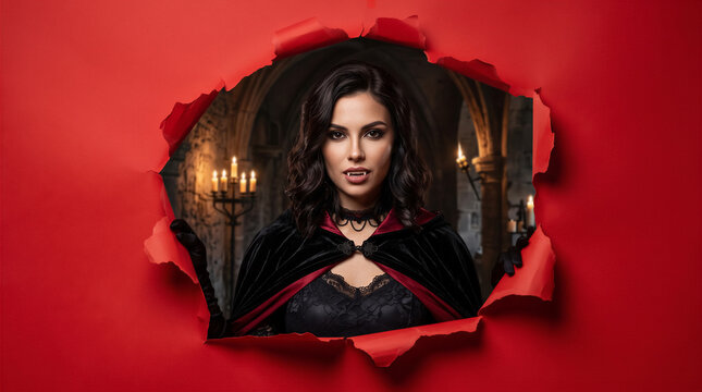 Vampire woman peering through torn red paper into gothic castle. Horror, Halloween, fantasy, entertainment.