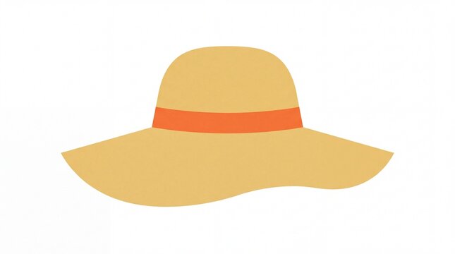 Yellow wide floppy straw sun hat with brown ribbon band, summer beach holiday uv protection headwear flat vector illustration on clean white background