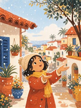 Cheerful girl welcoming visitors in a sunny seaside village. Children book illustration about kindness, hospitality, friendship and sharing joy with others.