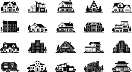 Obraz premium Residential House Icons Collection Vector Set – Modern Homes, Luxury Villas, Apartments, Cabins and Real Estate Buildings