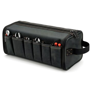 Organized tool bag with multiple compartments and sturdy black handles for storage isolated on white background