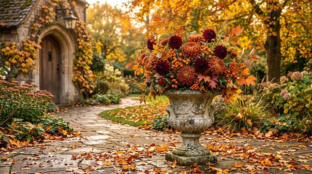 Autumn Floral Arrangement in Antique Stone flower urn with Red Dahlias in Garden