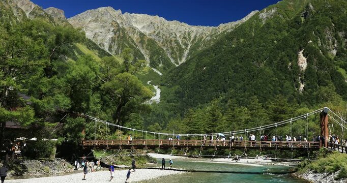 上高地の河童橋と穂高連峰